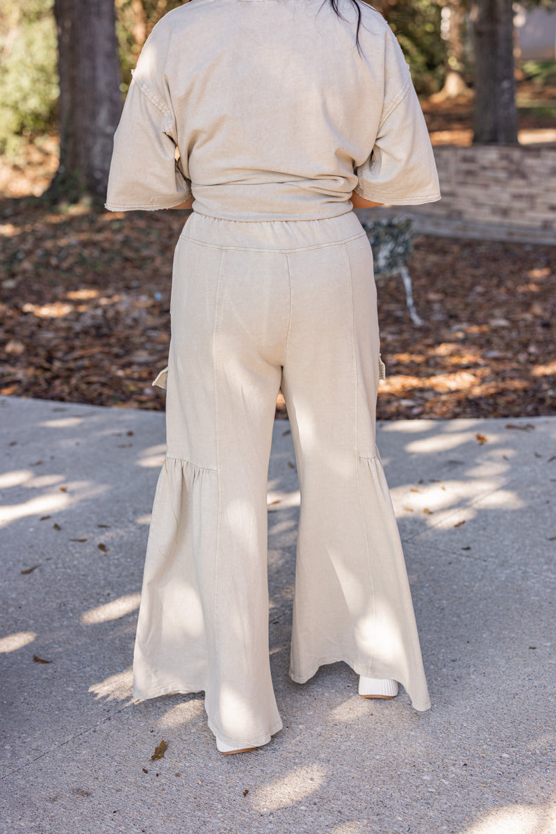 easel khaki washed cotton wide leg pant