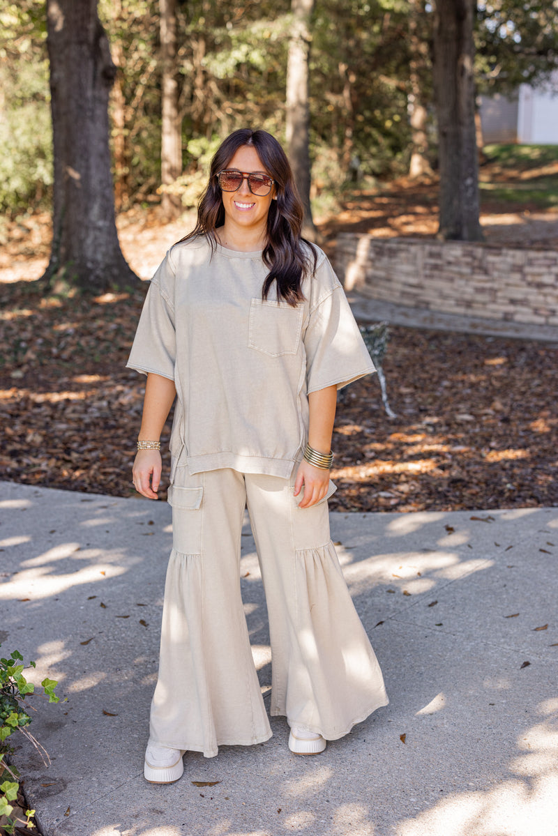 easel khaki washed cotton wide leg pant