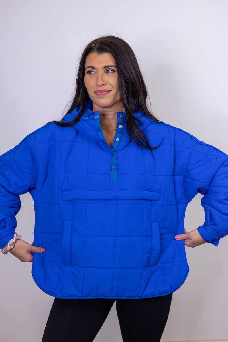 royal blue quilted hooded pullover