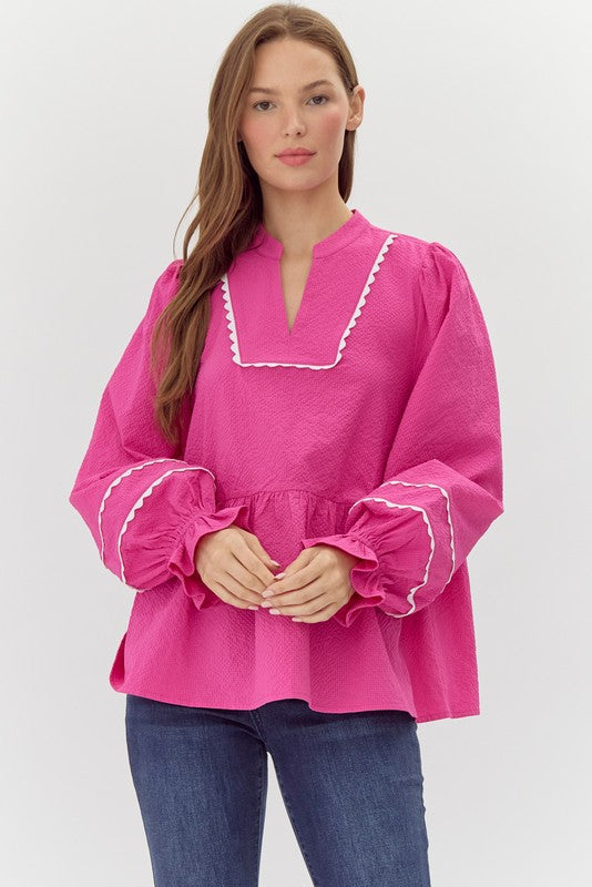 Jodifl Fuchsia pink textured babydoll top with scalloped embroidery trim