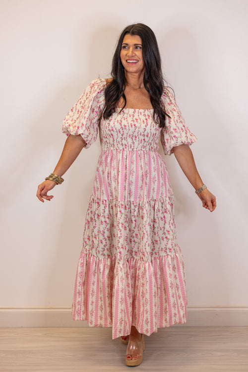 pink ivory floral smocked chest midi dress