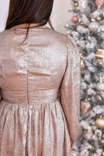 shimmer champagne holiday midi dress