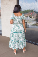 satin green floral tiered midi dress