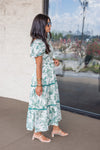 satin green floral tiered midi dress