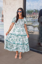 satin green floral tiered midi dress