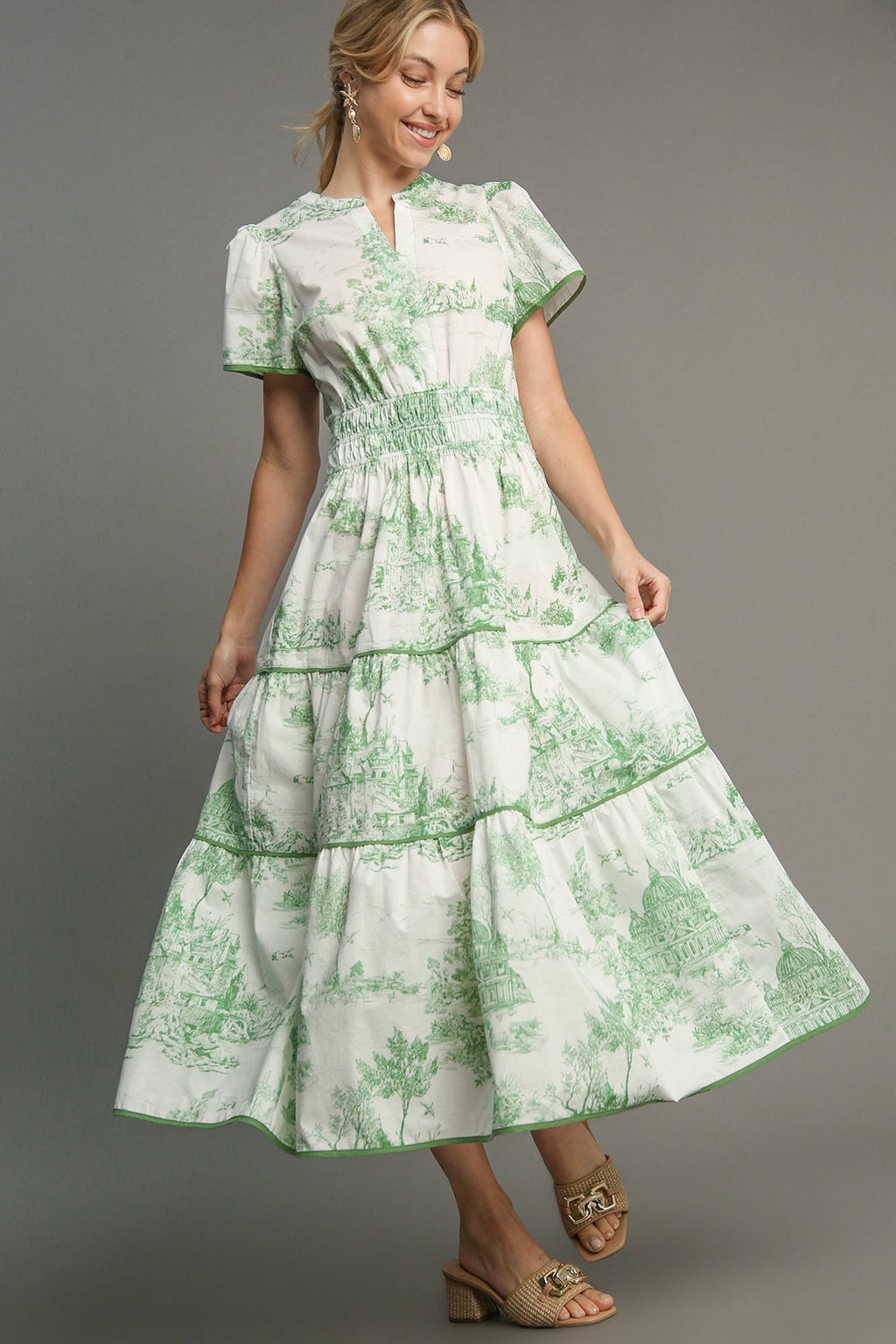 umgee green willow print midi dress