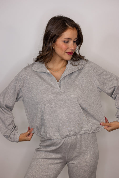 grey scuba knit cropped quarter zip pullover