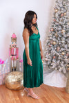 emerald green satin pleated midi dress