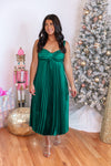 emerald green satin pleated midi dress