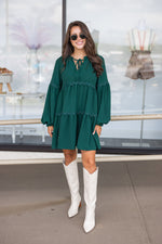 hunter green scalloped trim babydoll dress