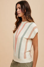 Anniewear Ivory sweater knit dolman top with light coral, sage, and mocha v stripes