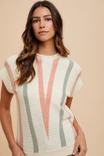 Anniewear Ivory sweater knit dolman top with light coral, sage, and mocha v stripes