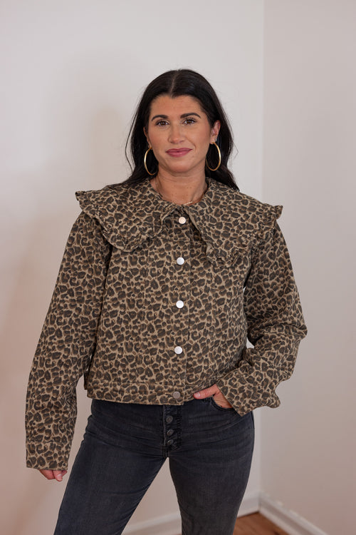 mable leopard print ruffle denim jacket