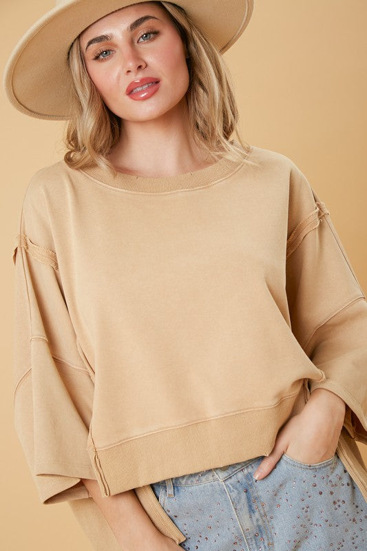 Peach Love California Mineral washed light mustard terry knit pullover top with hi-low bottom hem