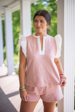 pink linen ruffle matching shorts set