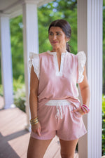 pink linen ruffle matching shorts set