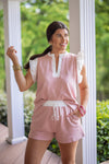 pink linen ruffle matching shorts set