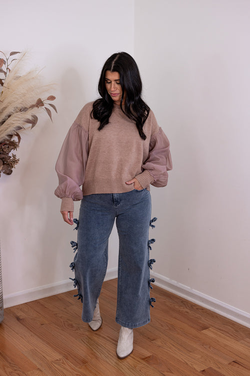 mauve pink sheer sleeve knit sweater