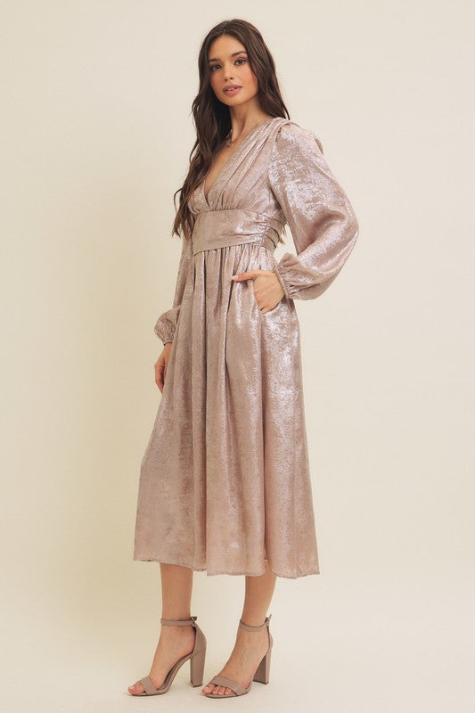 In February Metallic champagne midi dress