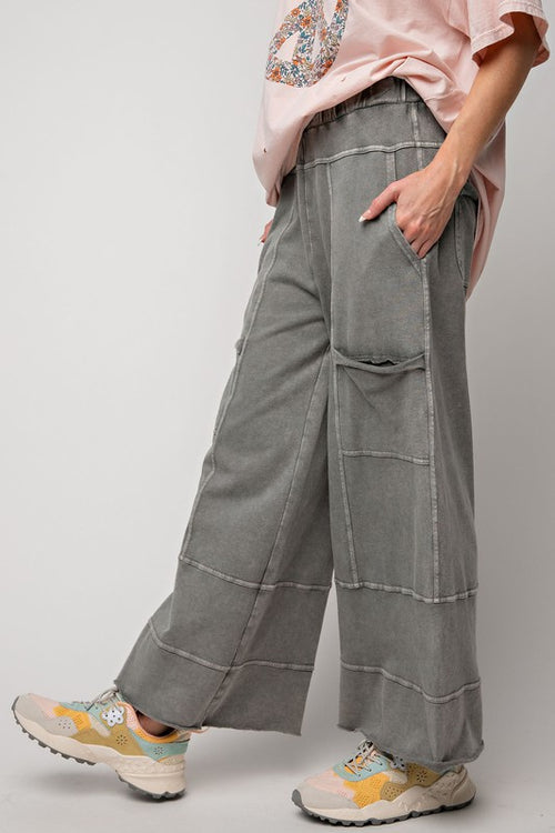 Easel French terry knit wide leg pants in mineral washed ash grey