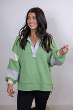 mint green color block collared pullover