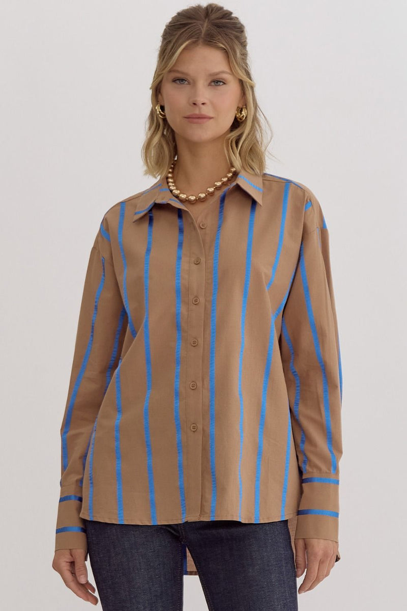 Entro Mocha button down top with blue ribbon stripes throughout