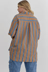 Entro Plus Mocha button down top with blue ribbon stripes throughout