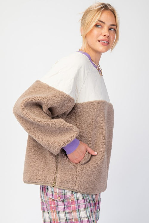 Easel Mushroom tan fleece and cream quilted puffer fabric colorblock pullover