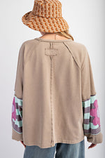 Easel Mineral washed knit top in mushroom tan with large flower patch on the sleeves