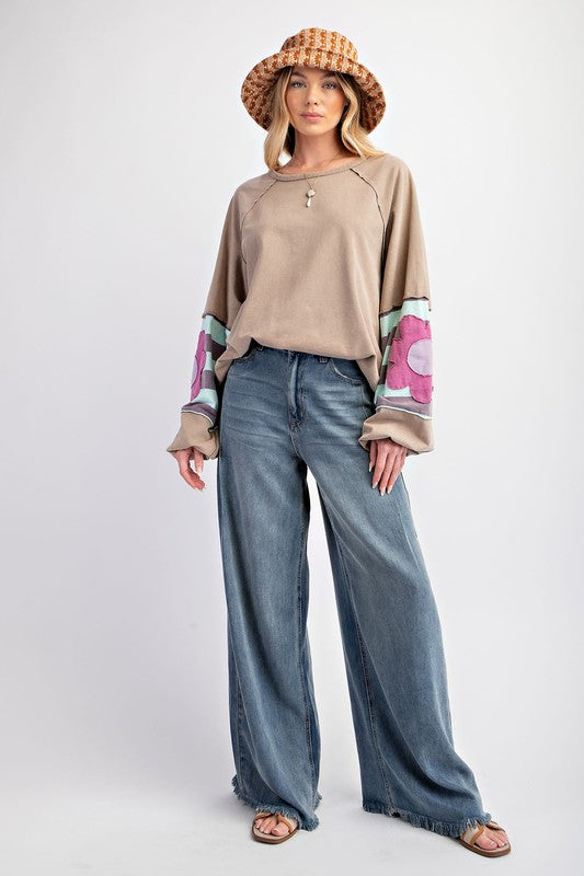 Easel Mineral washed knit top in mushroom tan with large flower patch on the sleeves