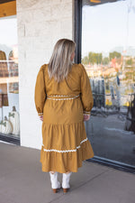 toffee brown scalloped trim fall midi dress