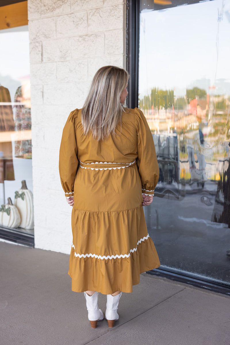 toffee brown scalloped trim fall midi dress