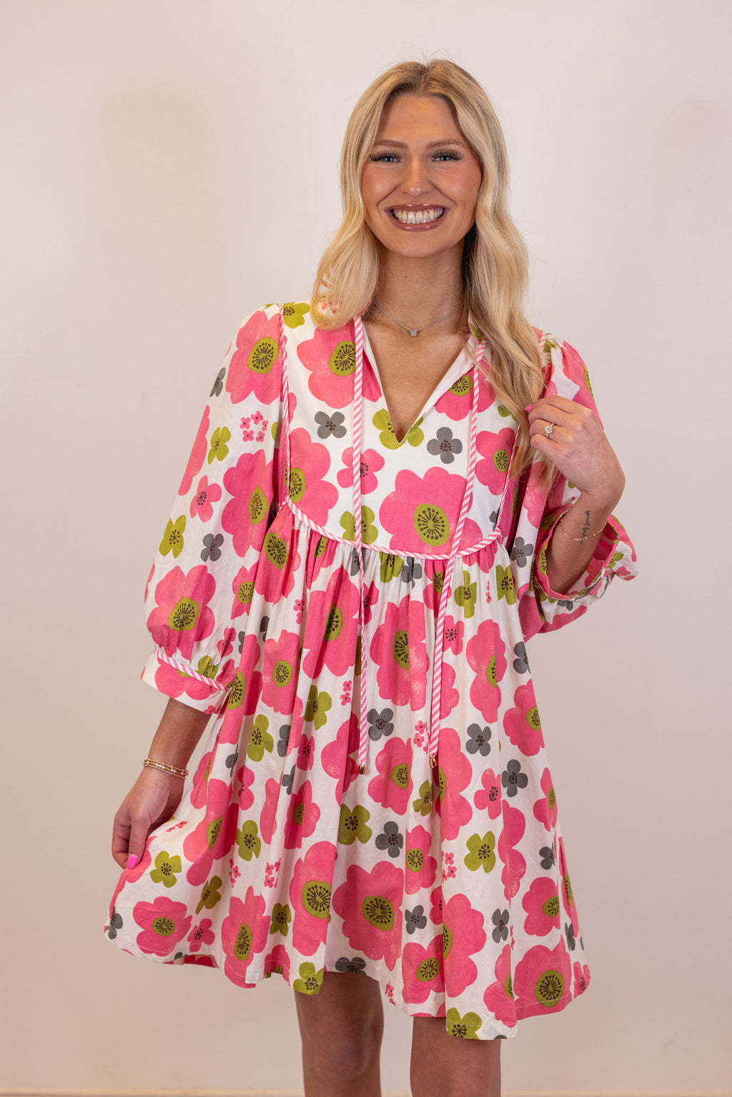 neon pink floral babydoll mini dress