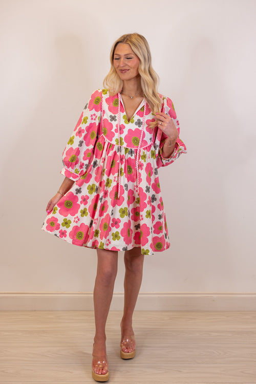 neon pink floral babydoll mini dress