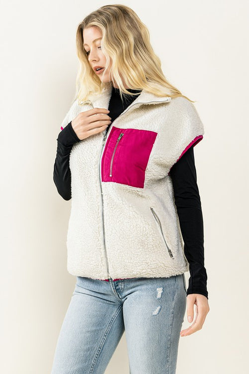 Pretty Follies TCEC Off white teddy fur sherpa fleece vest with hot pink puffer colorblock trim