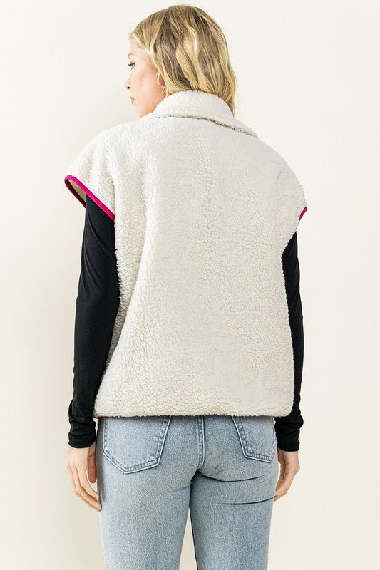 Pretty Follies TCEC Off white teddy fur sherpa fleece vest with hot pink puffer colorblock trim