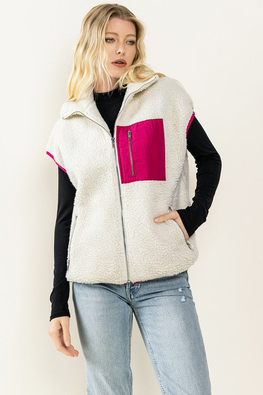 Pretty Follies TCEC Off white teddy fur sherpa fleece vest with hot pink puffer colorblock trim