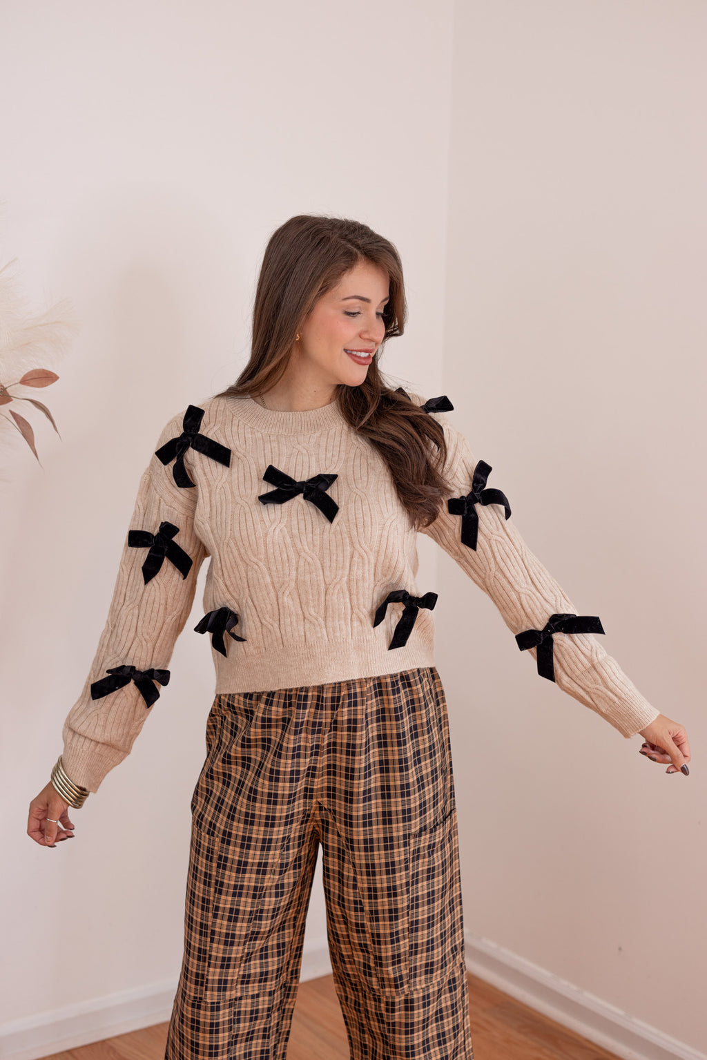 tan black bow detail sweater