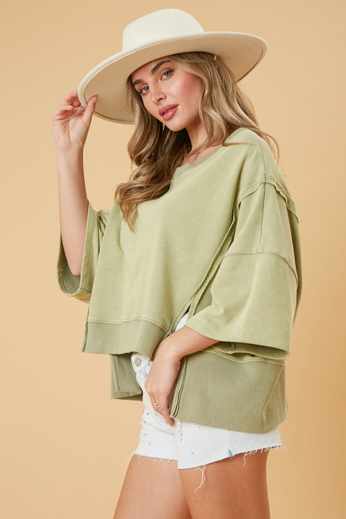 Peach Love California Mineral washed olive green french terry knit pullover top with hi-low bottom hem