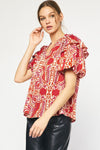 Entro Paisley print top in red, hot pink and ivory