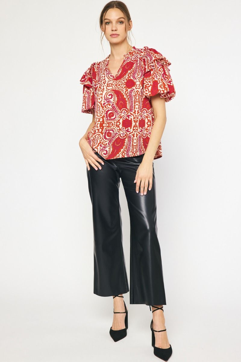 Entro Paisley print top in red, hot pink and ivory