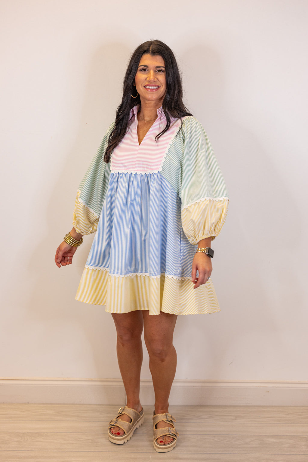 pastel stripe seersucker babydoll dress