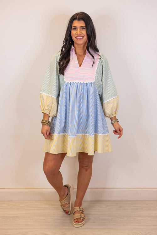 pastel stripe seersucker babydoll dress