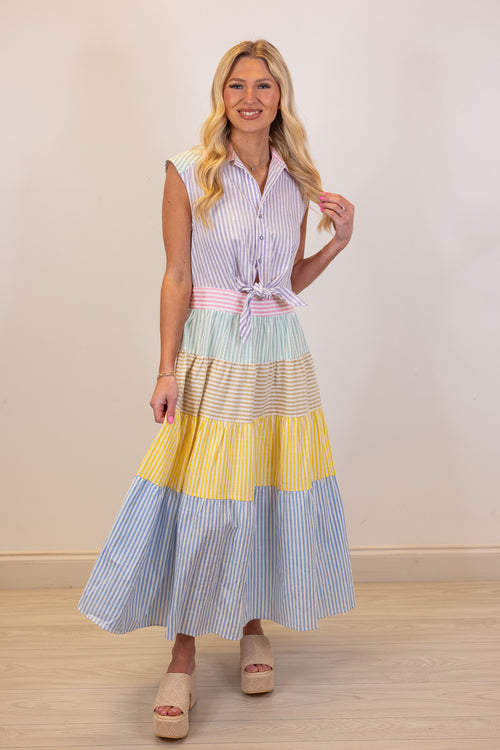 pastel seersucker stripe midi dress