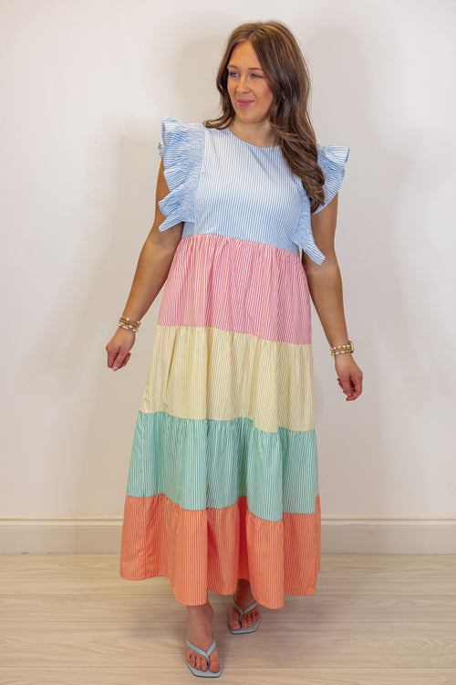 pastel seersucker stripe tiered midi dress