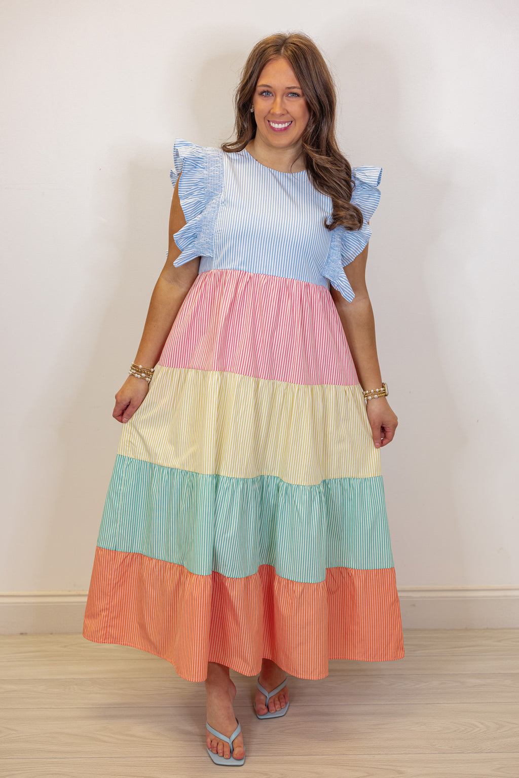 pastel seersucker stripe tiered midi dress