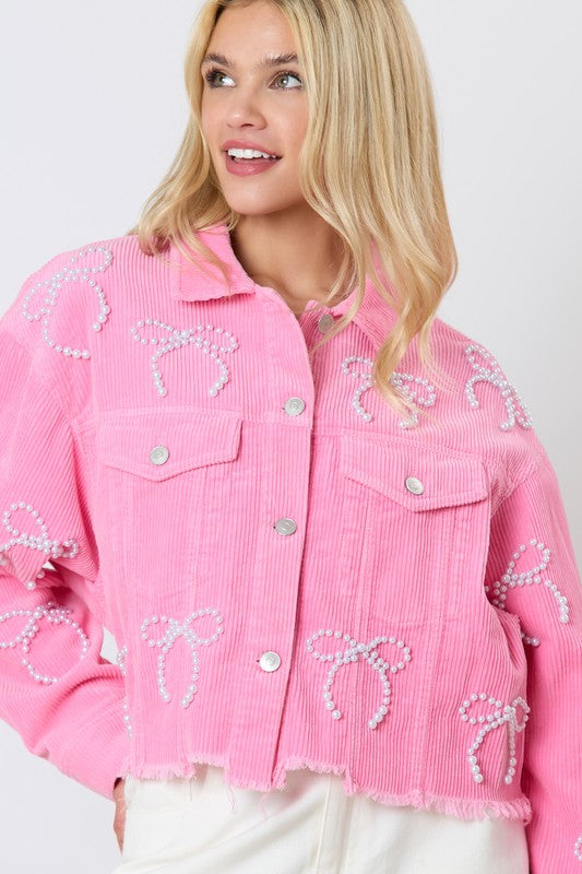 Peach Love California Pink corduroy cropped jacket with beaded pearl bow ties