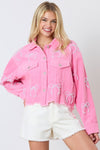 Peach Love California Pink corduroy cropped jacket with beaded pearl bow ties