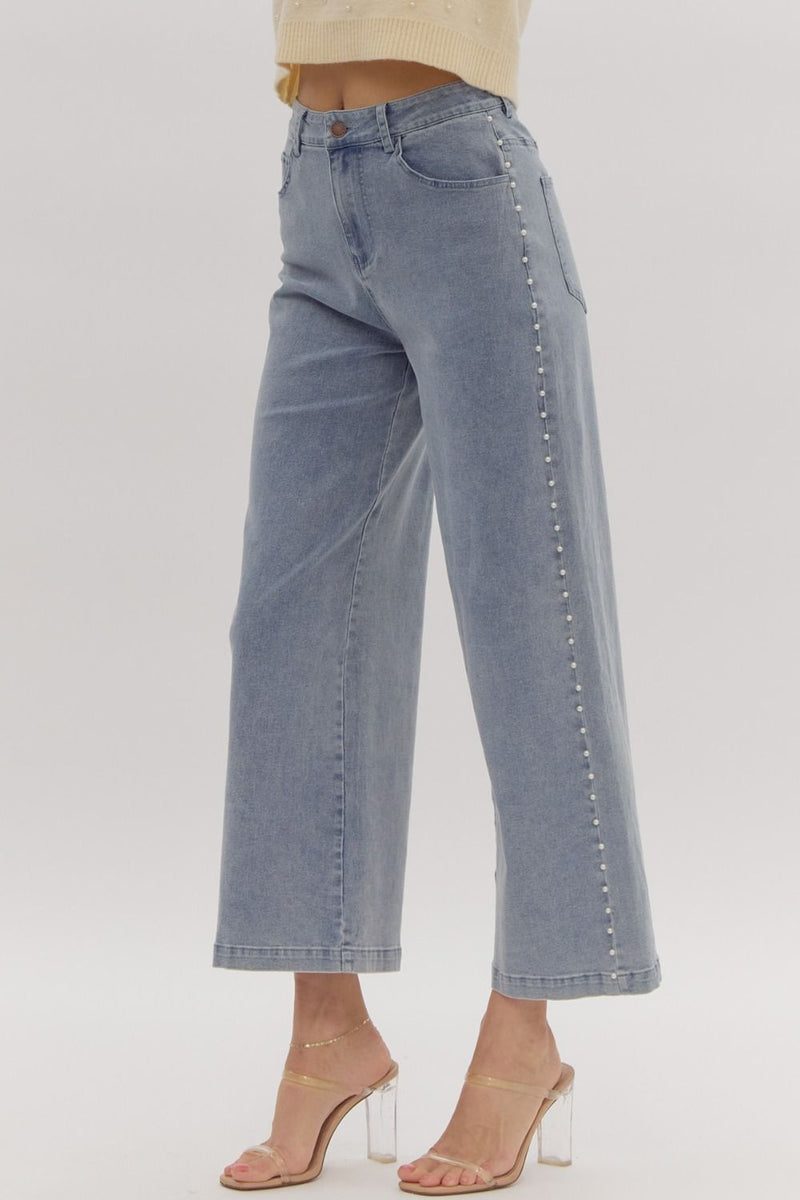 Entro Light blue washed wide leg denim pants with embellished pearl trim