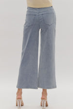 Entro Light blue washed wide leg denim pants with embellished pearl trim